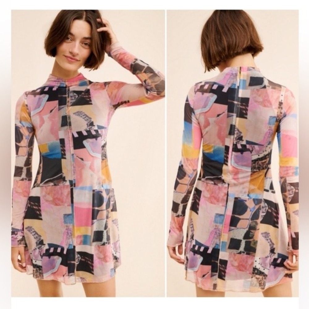 Saemdi Mesh Photo Collage Mini Dress Long SLV A-Line Art to Wear Modern XL
